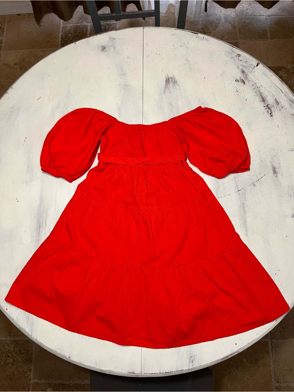 Sim & Sam Red Puff Sleeve Tiered Mini Dress with Tie Back & Smock Sz XS